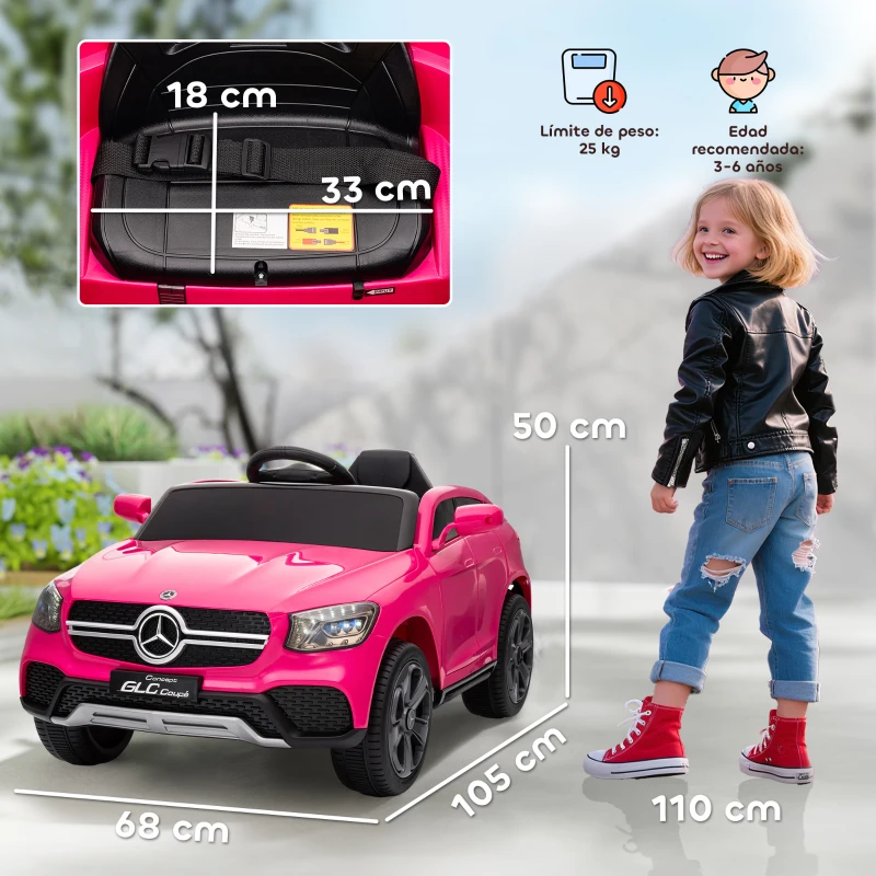 AIYAPLAY Coche Eléctrico para Niños Mercedes-Benz GLC Coupé 12V Mando a Distancia 2,4 G Motor Doble MP3 Rosa