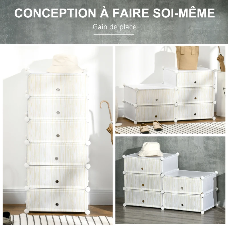 HOMCOM Armoire à chaussures modulable, meuble de rangement avec 6 cubes empilable en plastique, 49 x 36,5 x 108 cm blanc