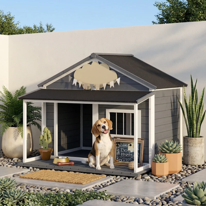 PawHut Niche pour Chien Extérieur avec Terrasse et Toit Bitumé Bois 124 x 112 x 105 cm Gris