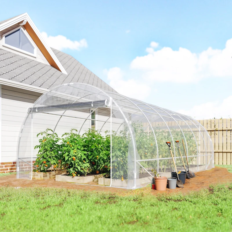 Outsunny Serre tunnel de jardin 18m² serre de jardin tunnel 296x597x199cm cadre acier galvanisé, bâche PE 150g/m² transparent