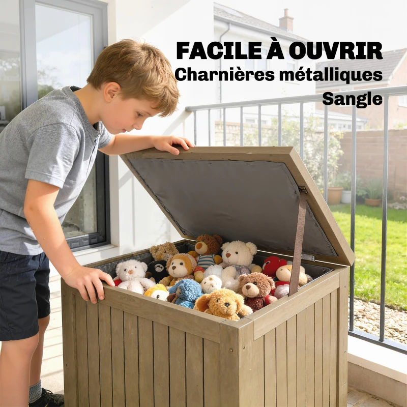 Outsunny Coffre de Rangement Boîte de Jardin 130L Doublure Amovible pour Coussins et Outils Bois Massif Brun