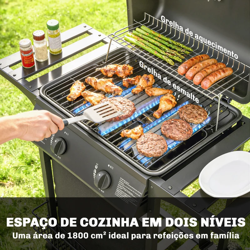 Outsunny Barbecue a Gás BBQ com 2 Queimadores de 5 kW Termómetro Mesas Laterais Prateleira Grelha de Aquecimento 2 Rodas Preto