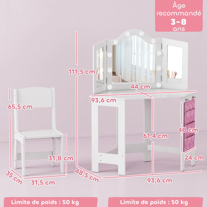 AIYAPLAY Coiffeuse enfant 2 en 1 avec tabouret miroir triptyque et lumières LED bicolores  93,6 x 48,5 x 111,5 cm blanc