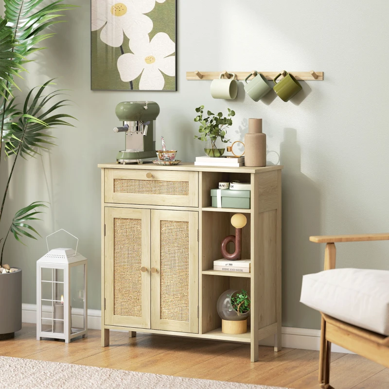 HOMCOM Buffet, meuble de rangement, 2 portes en rotin, tiroir, niches ouvertes, étagères réglables, 75x30x79,5cm, bois naturel