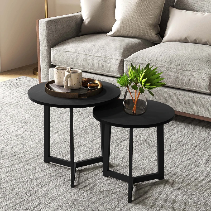 HOMCOM Moderner Couchtisch als 2er-Set, Metallrahmen, MDF, Rundes Design, ineinander verschiebbar, Schwarz