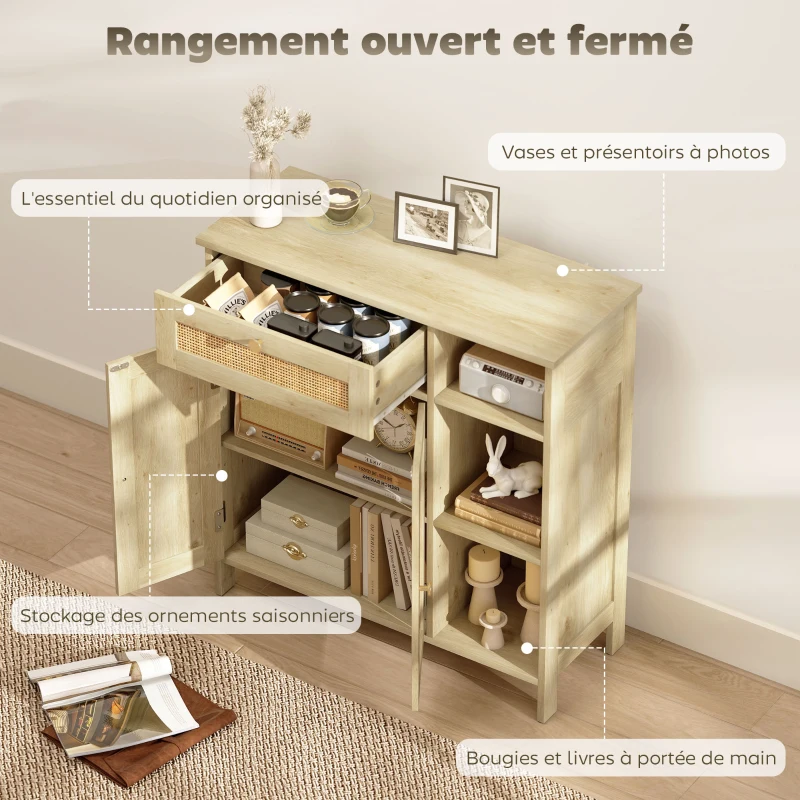HOMCOM Buffet, meuble de rangement, 2 portes en rotin, tiroir, niches ouvertes, étagères réglables, 75x30x79,5cm, bois naturel