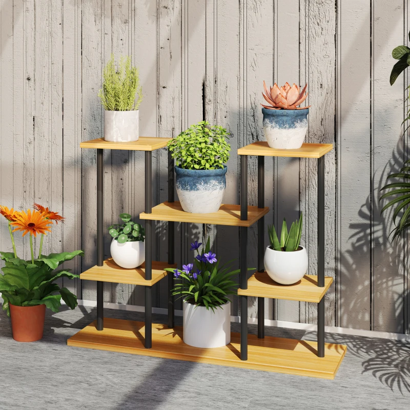 Outsunny Support plantes intérieur étagère plante à 6 niveaux cadre en acier base bois massif 80 x 24 x 61,5 cm bois naturel