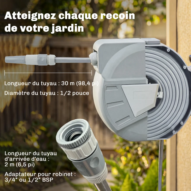 Outsunny Enrouleur Tuyau Arrosage Mural 30+2 m x Ø 15mm, Dévidoir de Tuyaux d'Eau Rétractable Automatique Pivotant à 180°, Gris