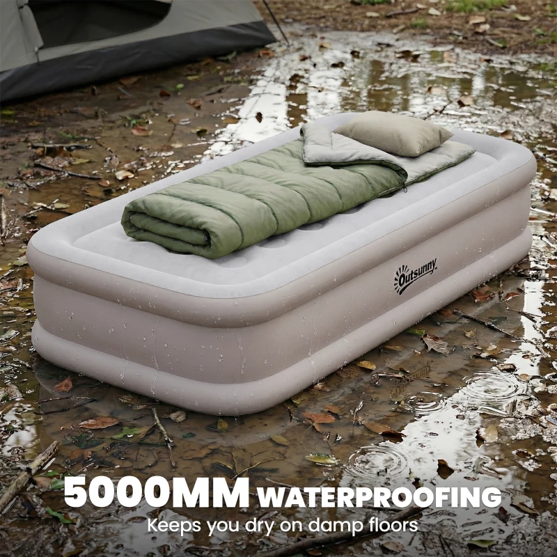Outsunny Matelas Gonflable, Pompe Électrique Intégrée, Surface Floqué , Imperméable 5000 mm, Sac Transport, 190x97x39cm, Kaki