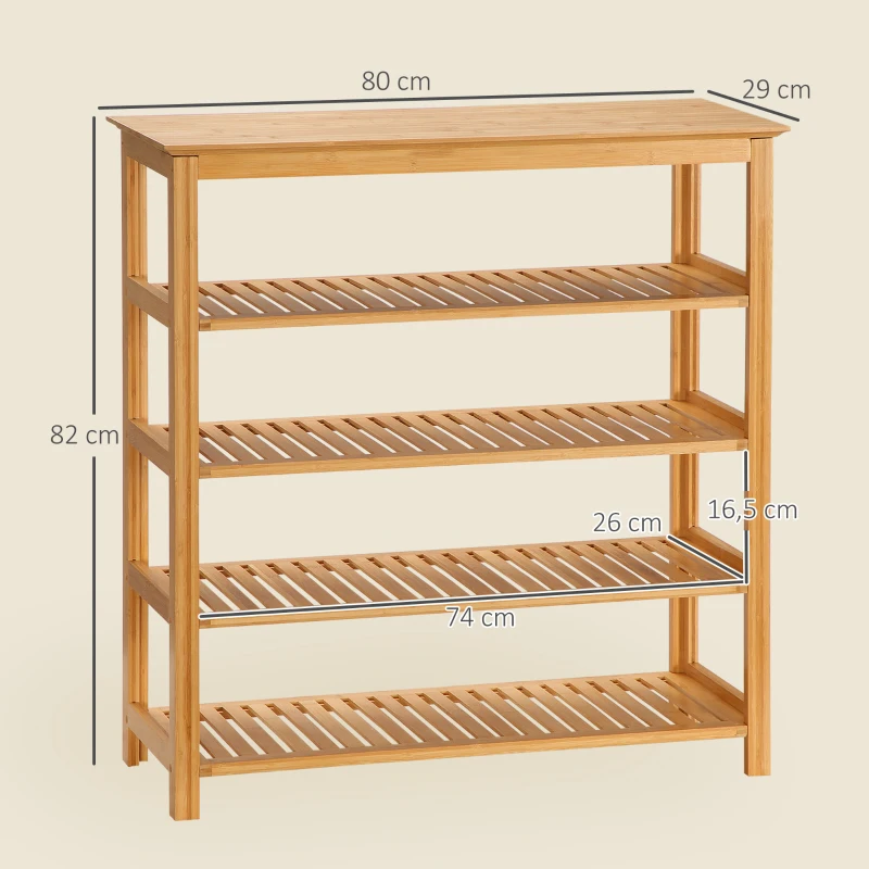 HOMCOM Étagère à chaussures à 5 niveaux, porte-chaussures en bambou avec 4 étagères à lattes, 80x29x82cm, effet bois naturel