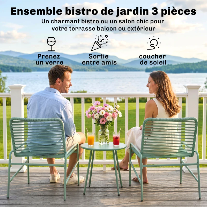 Outsunny Salon de Jardin Extérieur 3 Pièces en Résine Tressée et Acier, Table de Jardin Ronde avec 2 Chaises, 58x67x75cm, Vert