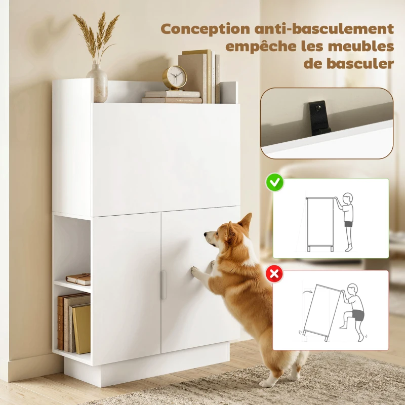 HOMCOM Bureau d'ordinateur pliant, bureau informatique avec plateau rabattable, étagères et placard, 80x30x128cm, blanc