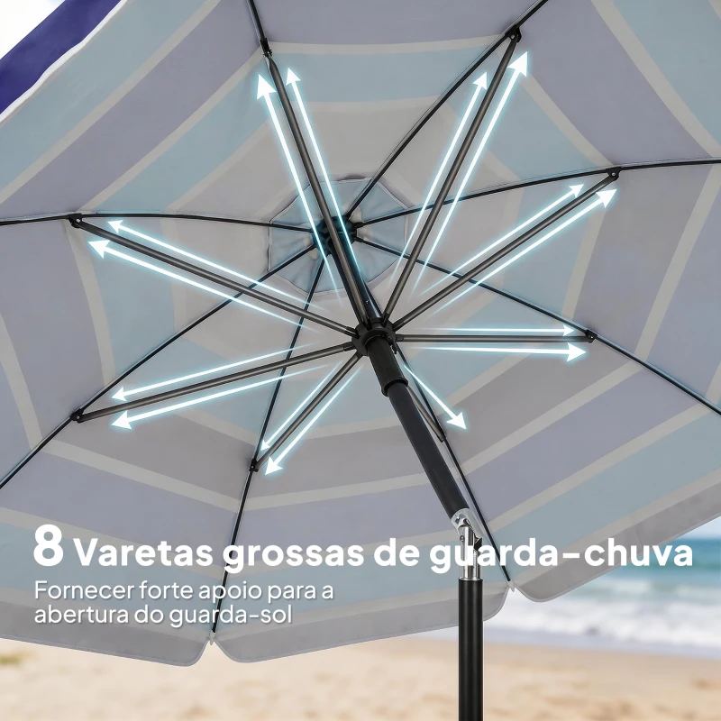 Outsunny Chapéu de Sol de Praia com Mesa Dobrável e Porta-Copos Ø198 cm Altura Ajustável Inclinação Bolsa de Transporte e Gancho UV30+ Multicolor