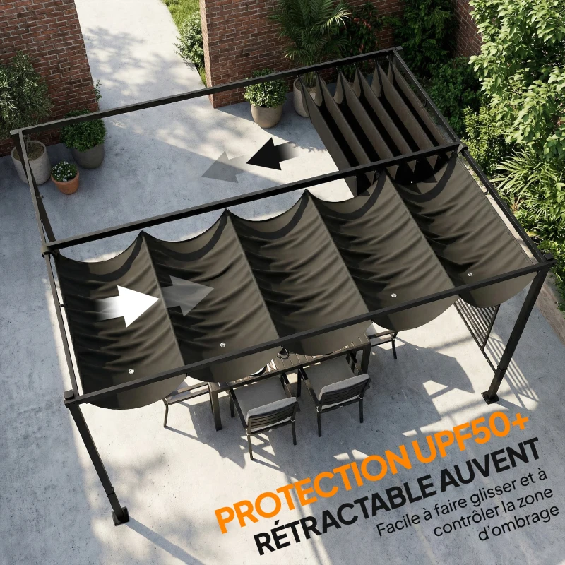 Outsunny Pergola de Jardin Tonnelle à Vigne UV50+ Toit Rétractable Panneaux d'Intimité pour Plantes Grimpantes 3x4m Gris Foncé