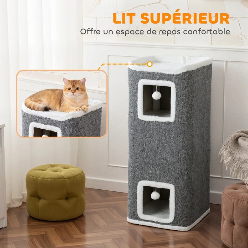 PawHut Tour pour chat 4 niveaux, arbre à chat stable boules de jeu plateforme supérieure bord en peluche, 41x 41 x 100 cm, gris