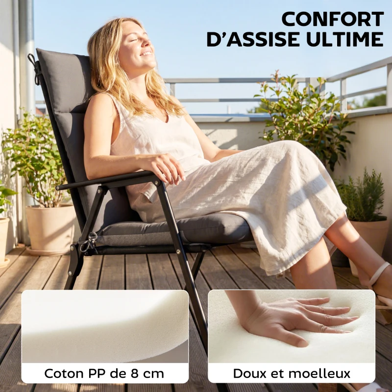 Outsunny Lot de 4 coussins pour chaises de terrasse, résistants à l'eau, antidérapants, avec liens, 112x53cm, Gris Foncé