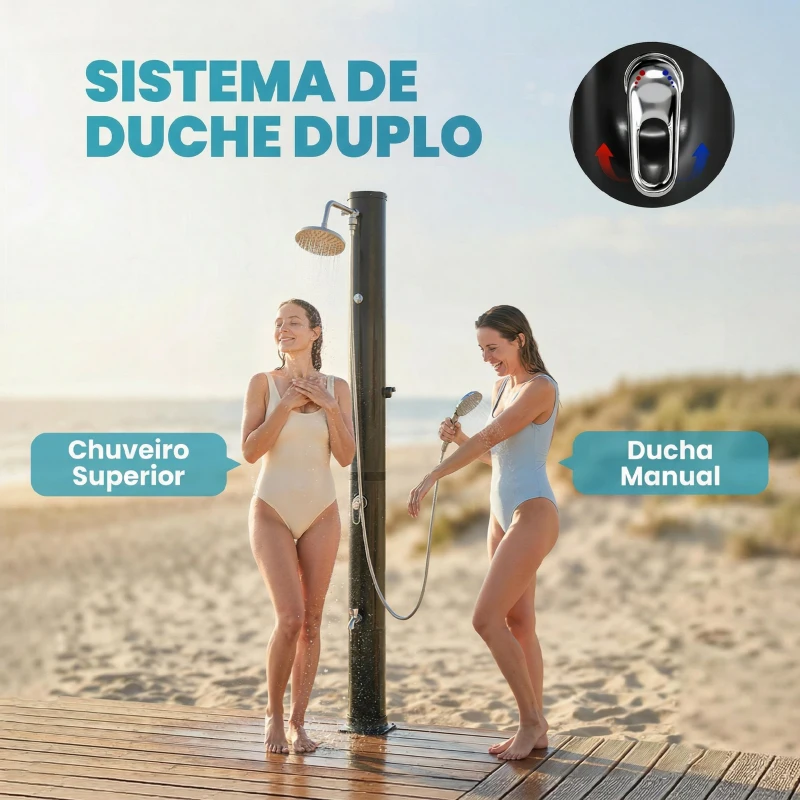 Outsunny Duche Solar de Jardim 40 L com Chuveiro de Mão Torneira para Pés Água Fria e Quente até 60 °C Ligação a Mangueira 19,5x19,5x218,5 cm Preto