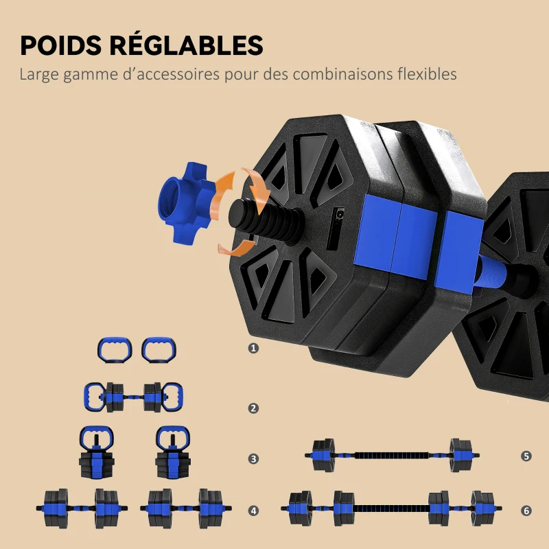 SPORTNOW Ensemble d'haltères musculation 6-en-1 haltère réglable 20 kg kettlebell, barre de musculation support pour pompes bleu