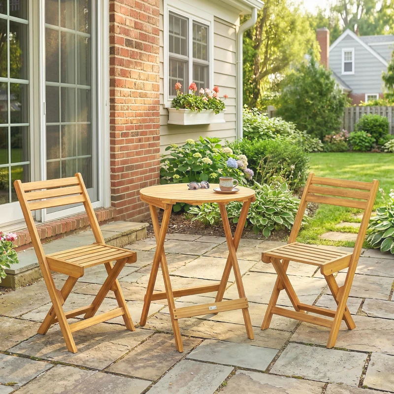 Outsunny 3-teiliges klappbares Bistro-Set aus Akazienholz mit rundem Tisch und 2 Stühlen, ohne Montage, 60x60x75cm, natur