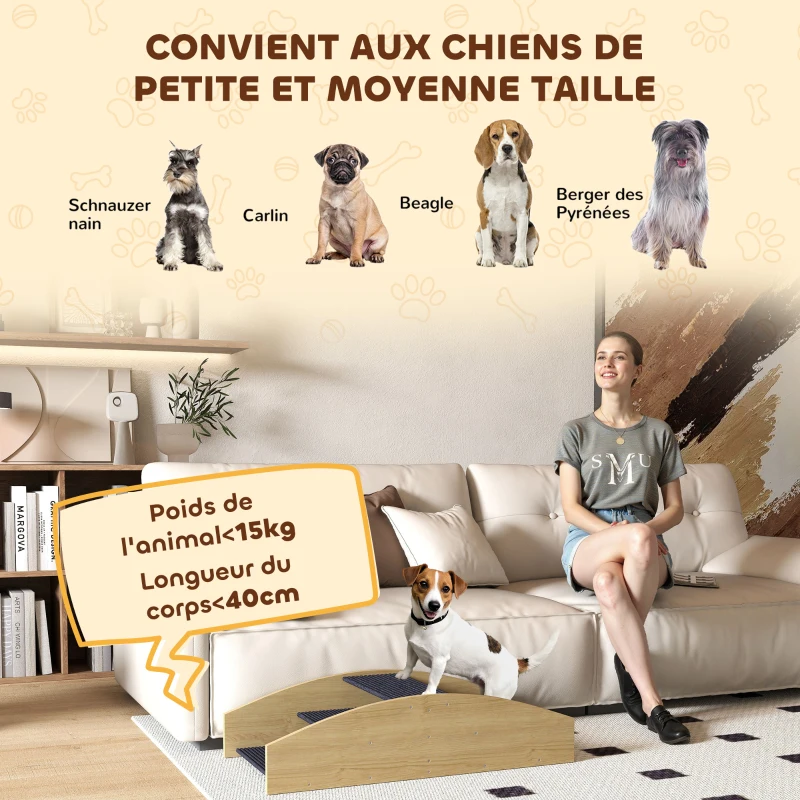 PawHut Bascule Chien Agility Réversible 2-en-1 Escalier pour Chien 3 Marches en Bois 80x39,5x20cm, Bois Naturel