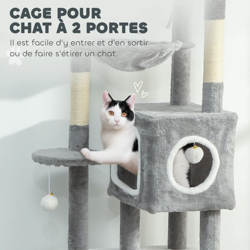 PawHut Arbre à chat tour de jeux pour chats centre d'activités 2 niches plateformes hamac échelle et 4 pompons 165 cm gris