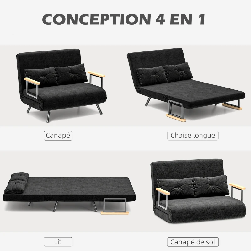HOMCOM Canapé convertible 2 places 4 en 1, canapé-lit avec dossier réglable sur 5 niveaux, 2 coussins, 102 x 73 x 81 cm, noir