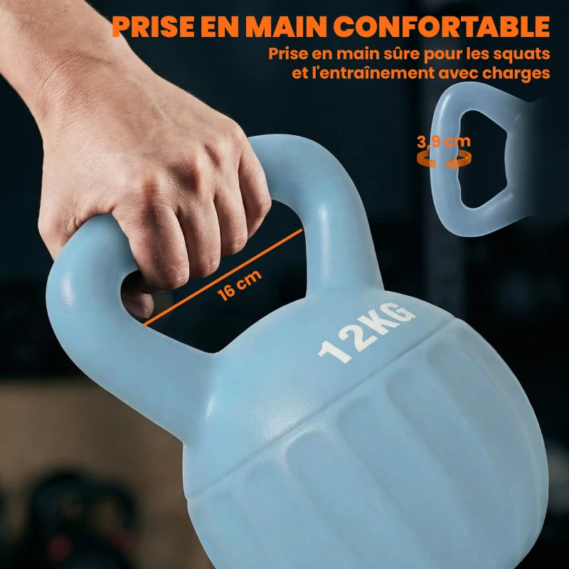 SPORTNOW Kettlebell 12 kg, haltère avec poignée Antidérapante, haltère à boule, musculation, entraînement, pour gym, bleu