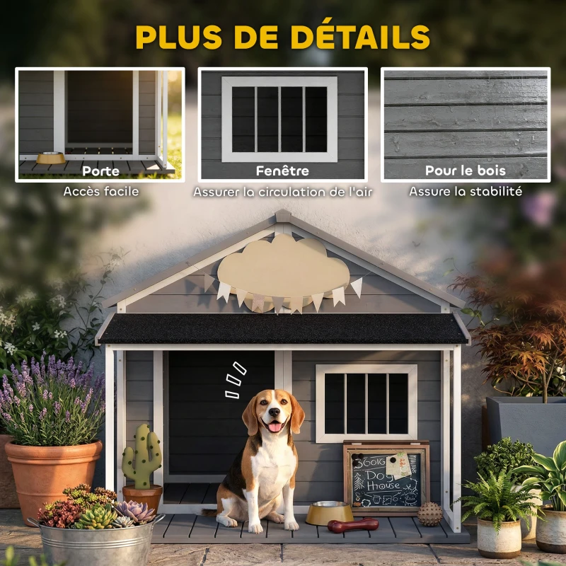 PawHut Niche pour Chien Extérieur avec Terrasse et Toit Bitumé Bois 124 x 112 x 105 cm Gris
