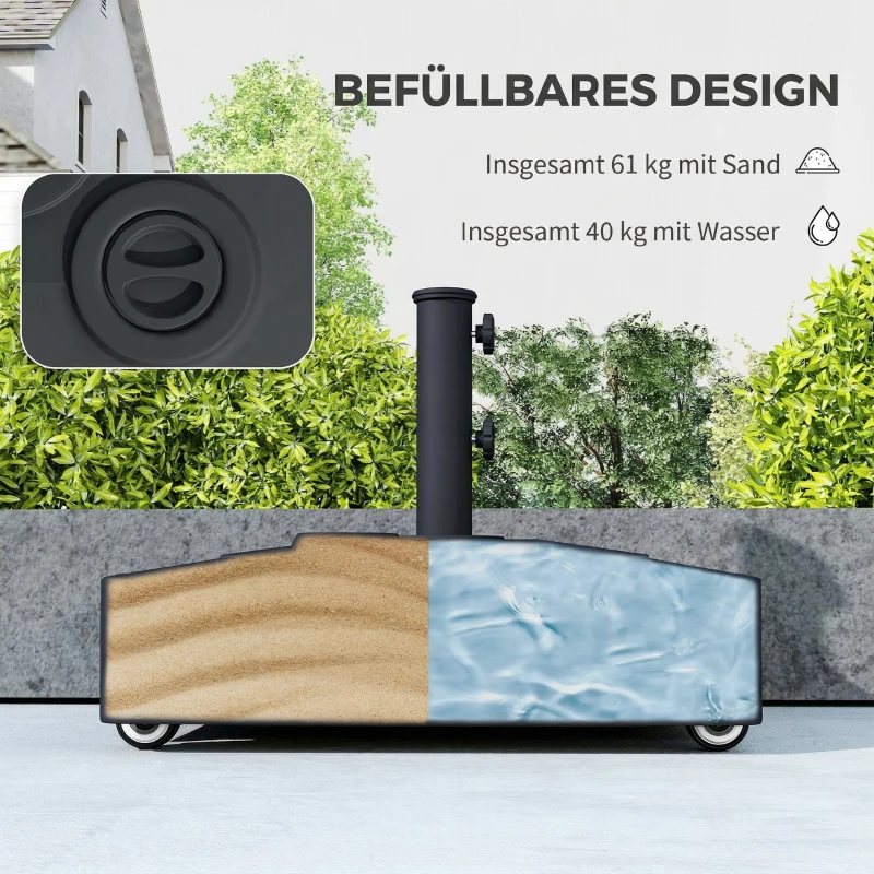 Outsunny Sonnenschirmständer mit Rädern, Befüllbar mit 61 kg Sand/40 kg Wasser, Für Schirmstangen mit Ø35, 38, 48 mm, Schwarz