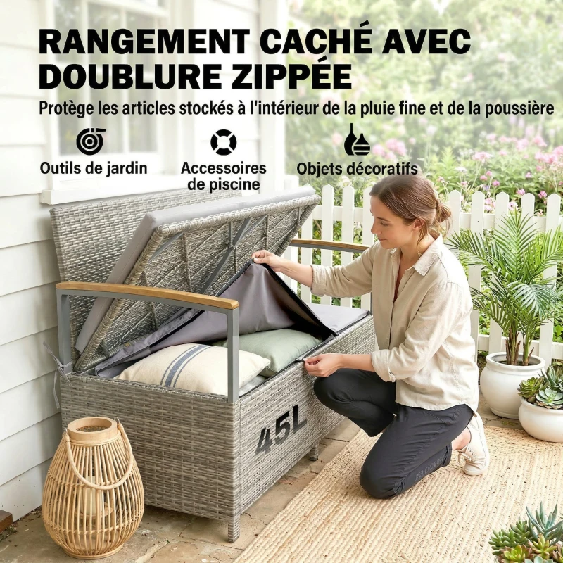 Outsunny Banc de Jardin Banquette avec Coffre de Rangement 170L 2 Places Coussin Déhoussable Résine Tressée 120x60x84cm Gris
