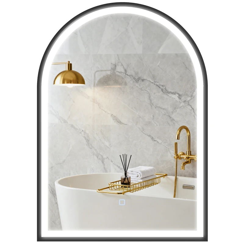 HOMCOM Miroir salle de bain avec éclairage 50 x 70 cm, miroir LED arqué, anti-buée, 3 couleurs lumière, dimmable, mémoire, noir