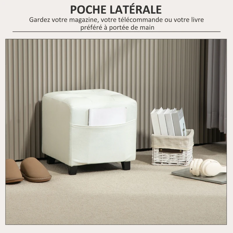HOMCOM Repose pied salon, ottoman, siège rembourré capitonné en tissu aspect lin avec poche latérale, 35 x 35 x 35 cm, crème