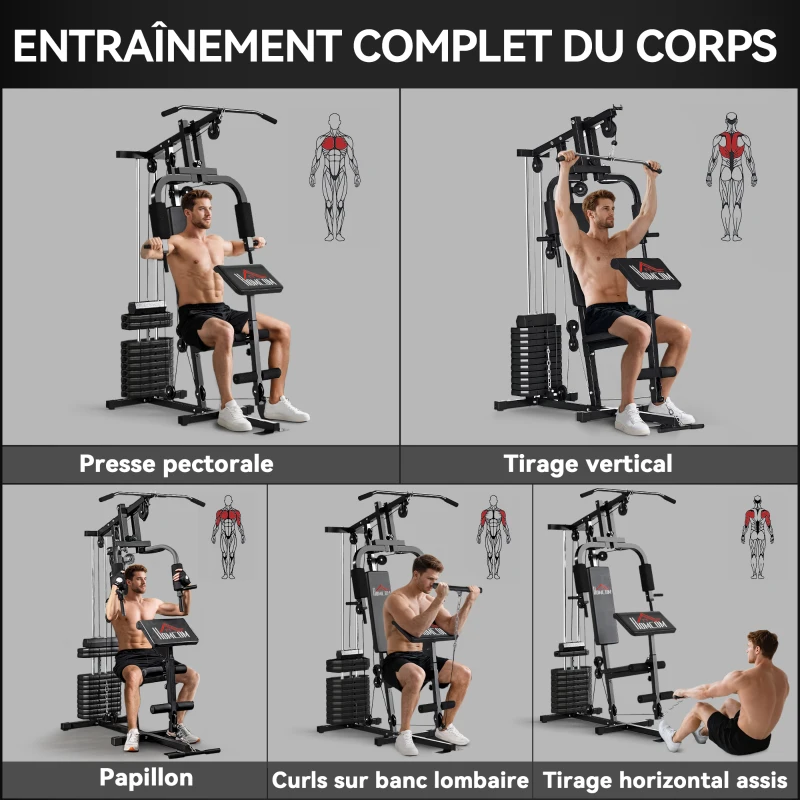 HOMCOM Station de Musculation Multifonction avec Stack de 65 kg, Double Poulie, Noir