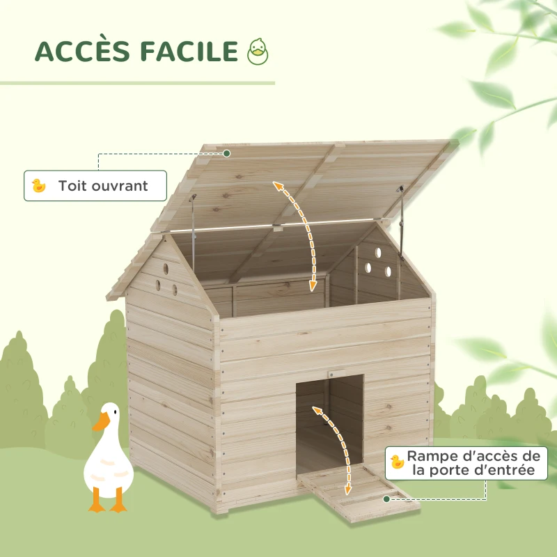PawHut Abri pour canards maison pour canards avec toit ouvrant ventilation et porte-rampe 100 x 82,5 x 91 cm bois naturel
