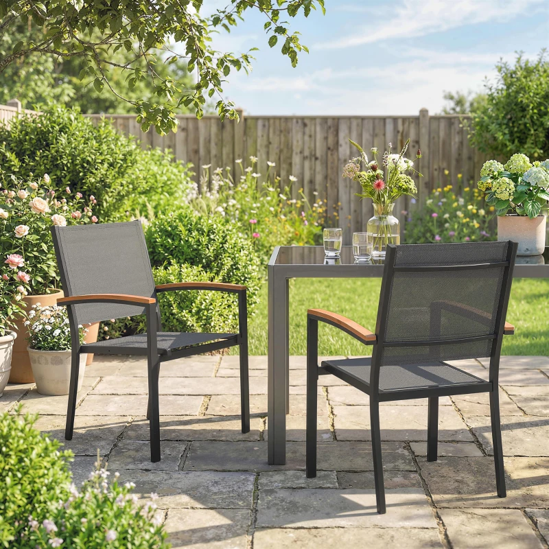 Outsunny Lot de 2 Chaises de Jardin Empilables en Métal et Textilène, Accoudoirs en WPC, Dossier Haut, 56x62x89cm, Gris