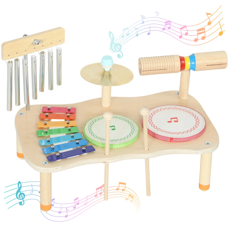 AIYAPLAY Kindermusikinstrumente aus Holz im Montessori-Stil mit Trommel, Xylophon, Doppeltonglocke, Becken, Windglocke