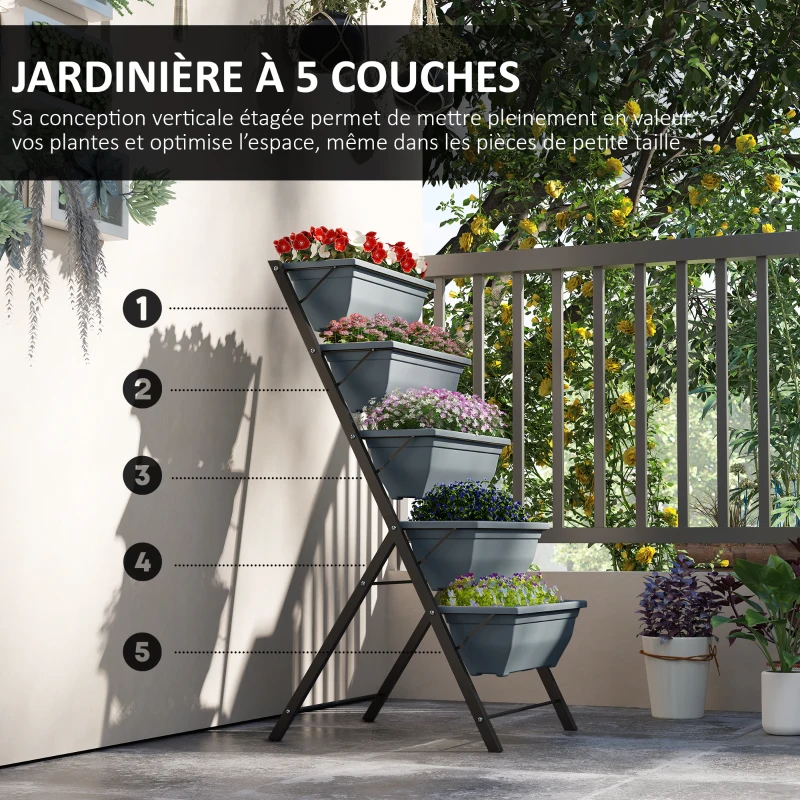 Outsunny Jardinière surélevée avec étages jardinière verticale avec 5 bacs à fleurs trous de drainage cadre en acier gris
