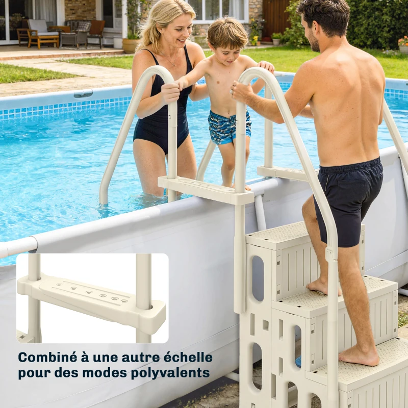Outsunny Escalier de Piscine en HDPE avec 2 Rampes et 4 Marches pour Piscine Creusée 117-147 cm, 80,8x86x198,5cm, Crème