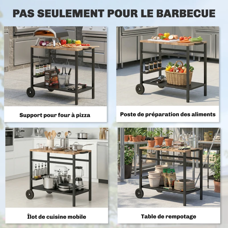 Outsunny Desserte jardin, chariot de barbecue sur roulettes avec porte-boissons et crochets, 97 x 51 x 83 cm, noir et marron