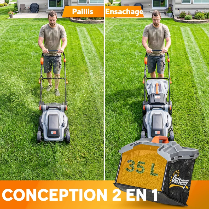 Outsunny Tondeuse à Gazon sans Fil 18V x2 Moteur Brushless 700W 2x4.0Ah Batteries pour 400m² Largeur 34cm Silencieux Gris Clair