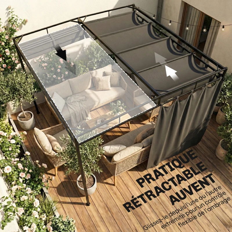 Outsunny Pergola de Jardin Tonnelle de Terrasse avec Toit Rétractable Rideaux et Système de Poulie 3x3m Gris Anthracite