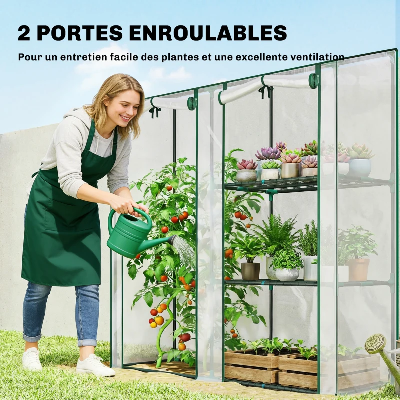 Outsunny Serre de Jardin avec étagères 3 niveaux, Petite Serre en Bâche PVC et Châssis Acier, 2 Portes Roulantes, Transparent