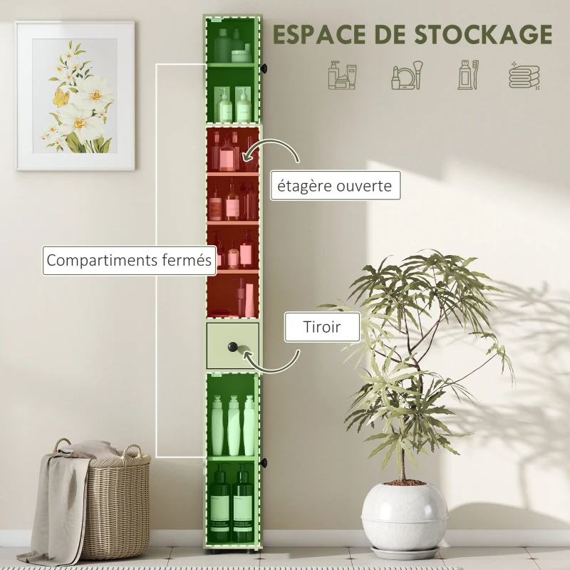 kleankin Colonne de rangement armoire haute pour salle de bain 1 tiroir 4 étagères réglables et 2 placards 20 x 20 x 180 cm vert