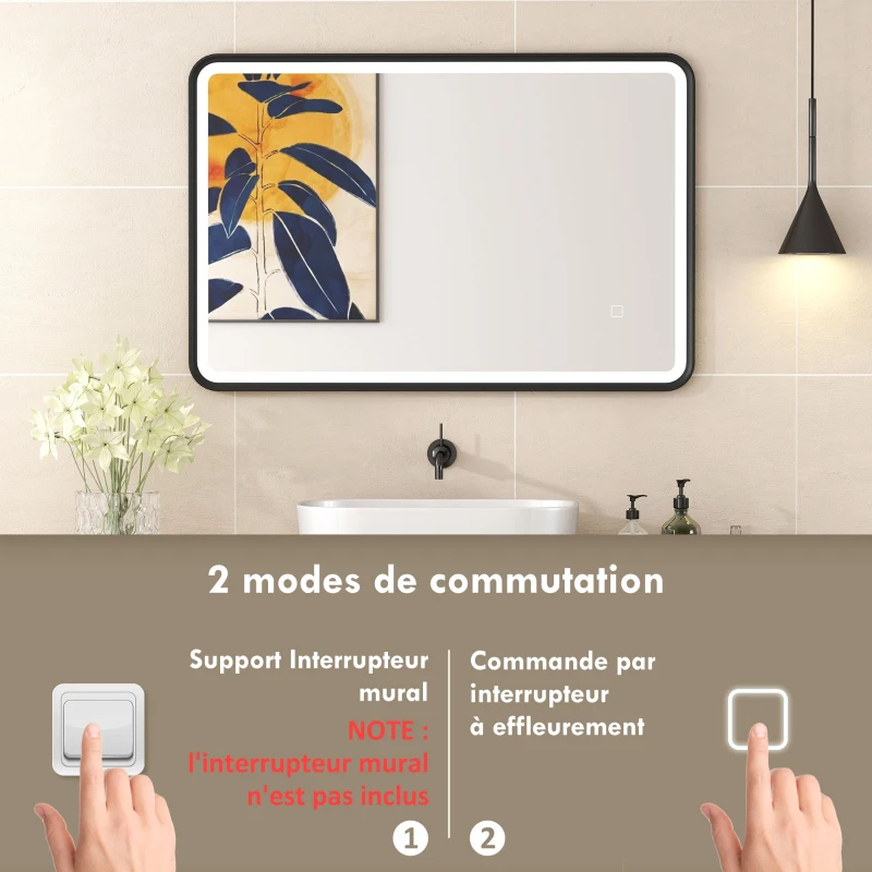 HOMCOM Miroir salle de bain avec éclairage 90 x 60 cm, miroir LED mural, anti-buée, 3 couleurs lumière, dimmable, noir