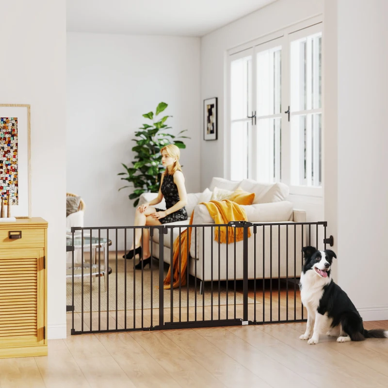 PawHut Barriere de securite chien pliable avec porte en acier 3 panneaux modulable fermeture automatique 202,5 x 2 x 76 cm noir