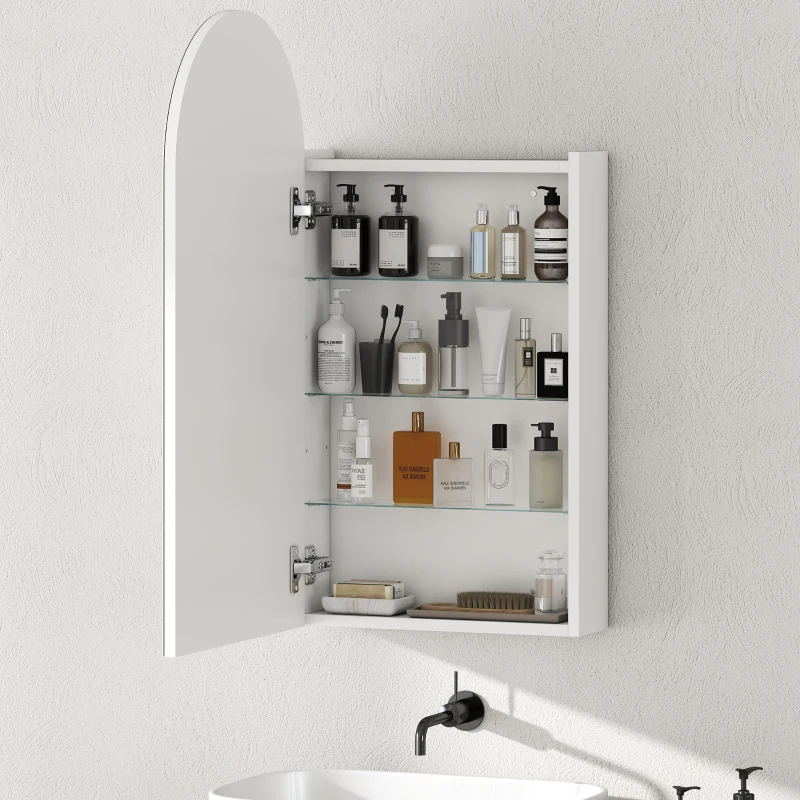HOMCOM Armoire murale salle de bain avec miroir, meuble salle de bain sans cadre en arche et étagères en verre réglables, blanc