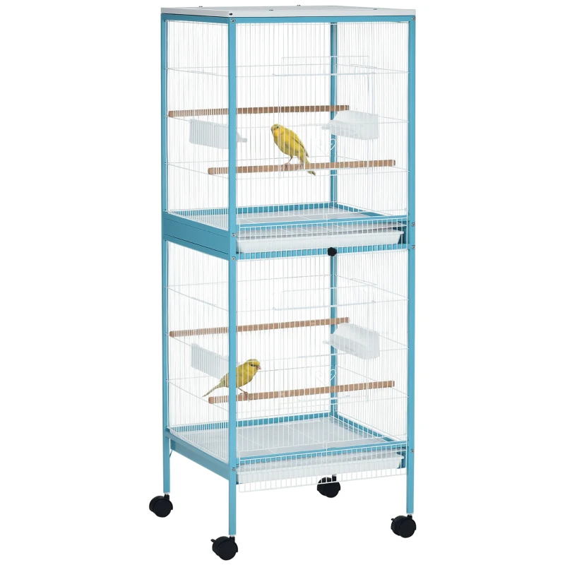 PawHut Grande Cage à Oiseaux sur Pied Double avec Mangeoires Perchoirs Plateau Amovible Roulettes 51,5 x 50 x 140 cm Bleu Clair