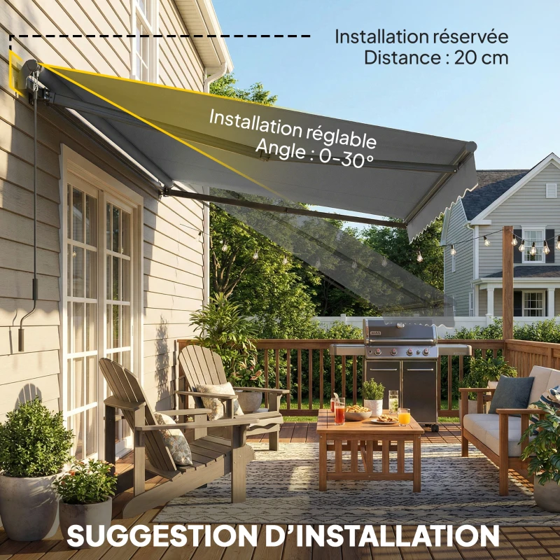 Outsunny Store banne manuel 3,5x3m, auvent rétractable inclinaison réglable, manivelle, protection UV résistance à l'eau, gris