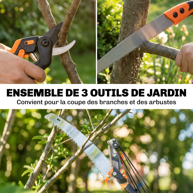 Outsunny Élagueur télescopique 2 en 1, scie manuelle, sécateur avec verrou de sécurité, perche télescopique en aluminium 2 m