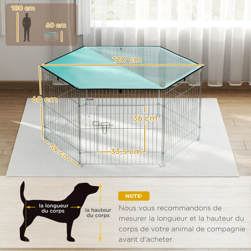 PawHut Parc pour chien, enclos chien 6 panneaux avec toit, modulable et pliable, enclos portable 60H cm avec porte, clôture pour chat, chiens de petit taille, intérieur et extérieur, argent, vert